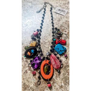 vintage treska glass bead stone necklace carnival murano disc blue green purple